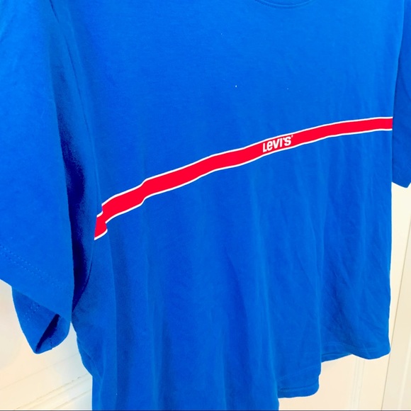 Levi's Royal Blue Red Logo Stripe Crop Crew Neck T-Shirt 100% Cotton Small - Picture 2 of 4